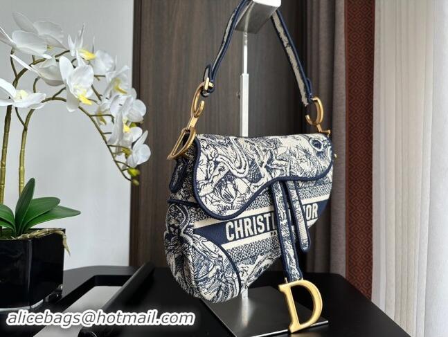 Top Grade Dior Medium Saddle Bag in Toile de Jouy Embroidery 1041 Blue 2024