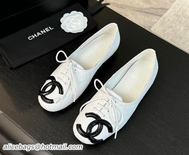 Grade Quality Chanel Calfskin Laced-up Loafers White 015105