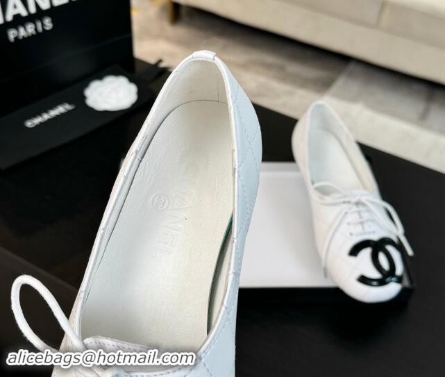 Grade Quality Chanel Calfskin Laced-up Loafers White 015105