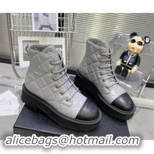 Pretty Style Chanel Quilted Calfskin Lace-up Platform Ankle Boots Grey 1015108