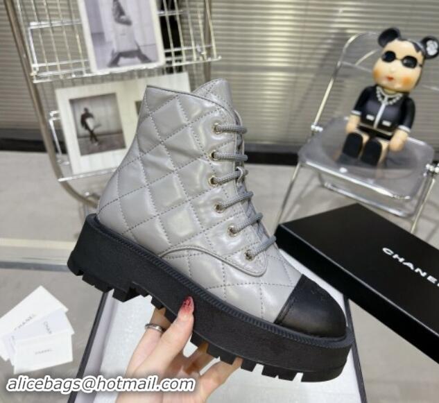 Pretty Style Chanel Quilted Calfskin Lace-up Platform Ankle Boots Grey 1015108