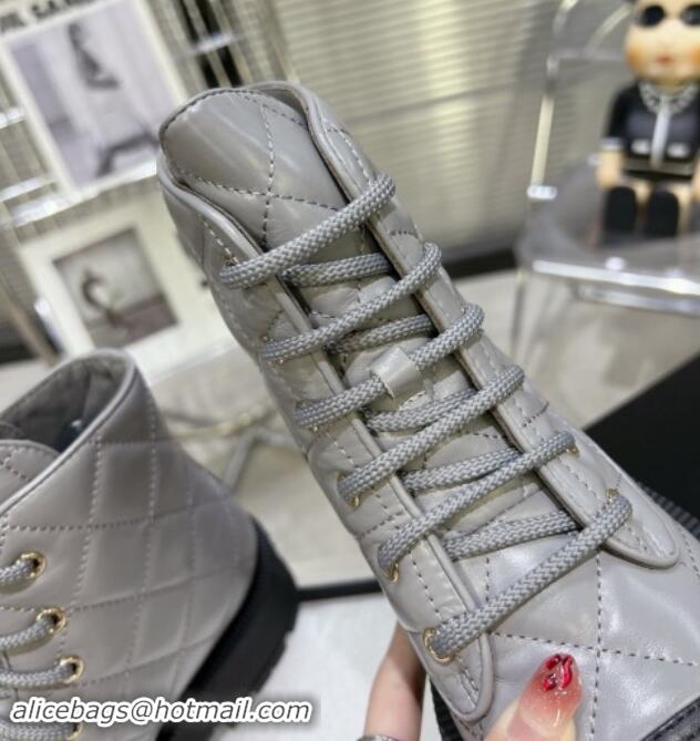 Pretty Style Chanel Quilted Calfskin Lace-up Platform Ankle Boots Grey 1015108