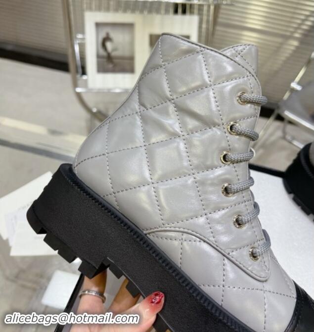 Pretty Style Chanel Quilted Calfskin Lace-up Platform Ankle Boots Grey 1015108