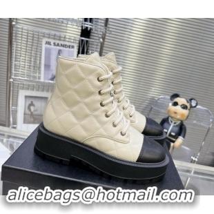 Best Price Chanel Quilted Calfskin Lace-up Platform Ankle Boots Pale Beige 1015109