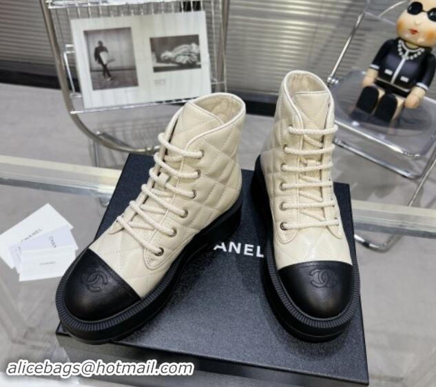 Best Price Chanel Quilted Calfskin Lace-up Platform Ankle Boots Pale Beige 1015109