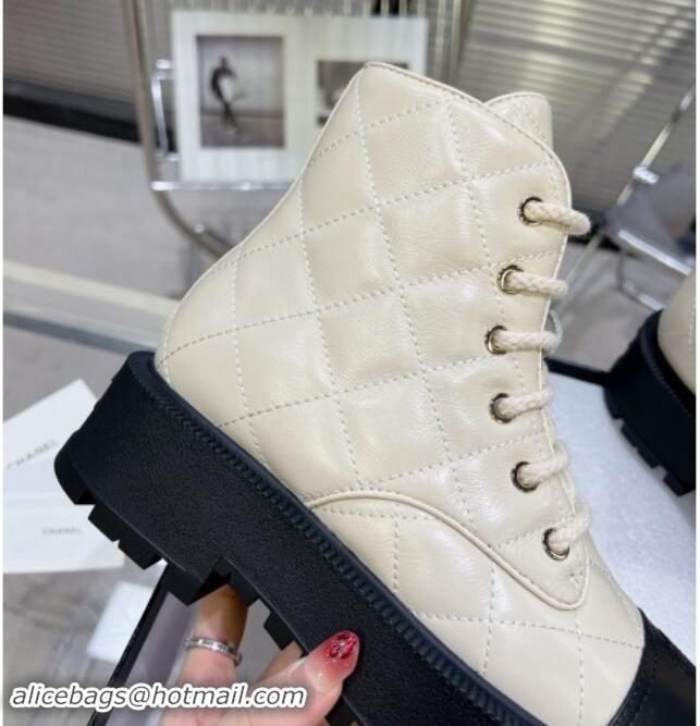 Best Price Chanel Quilted Calfskin Lace-up Platform Ankle Boots Pale Beige 1015109