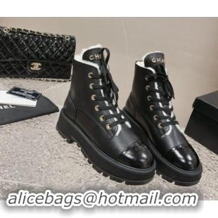 Low Price Chanel Calfskin and Wool Lace-up Platform Ankle Boots 5cm Black 015110