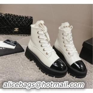 Popular Style Chanel Calfskin and Wool Lace-up Platform Ankle Boots 5cm White 015111