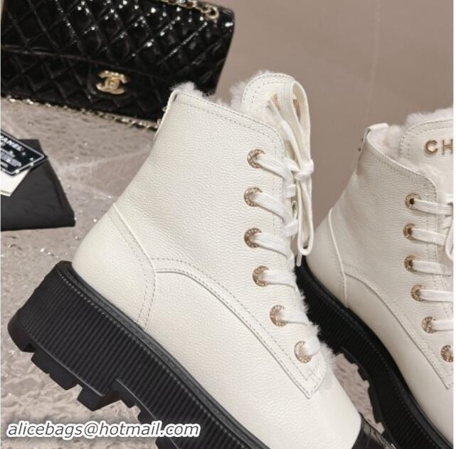 Popular Style Chanel Calfskin and Wool Lace-up Platform Ankle Boots 5cm White 015111