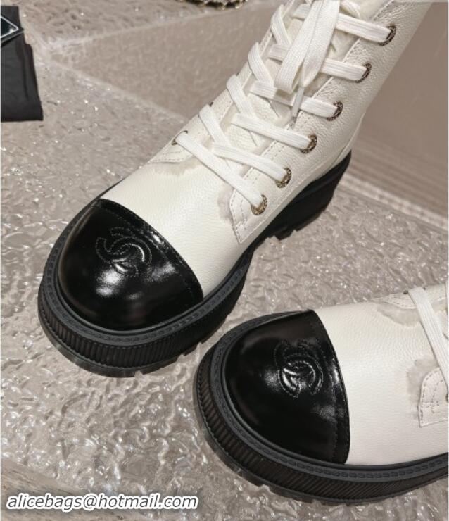 Popular Style Chanel Calfskin and Wool Lace-up Platform Ankle Boots 5cm White 015111