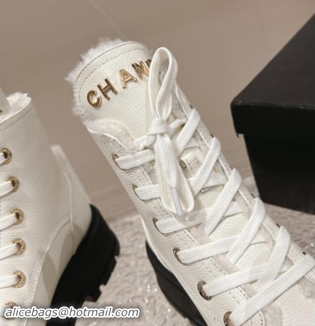 Popular Style Chanel Calfskin and Wool Lace-up Platform Ankle Boots 5cm White 015111