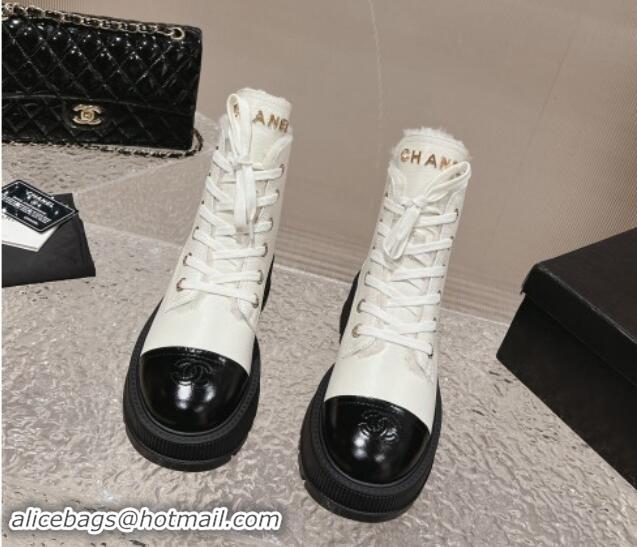 Popular Style Chanel Calfskin and Wool Lace-up Platform Ankle Boots 5cm White 015111