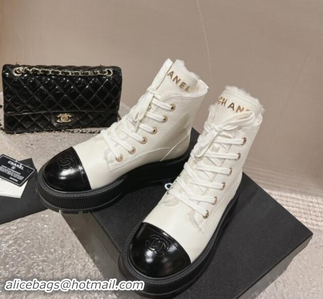 Popular Style Chanel Calfskin and Wool Lace-up Platform Ankle Boots 5cm White 015111