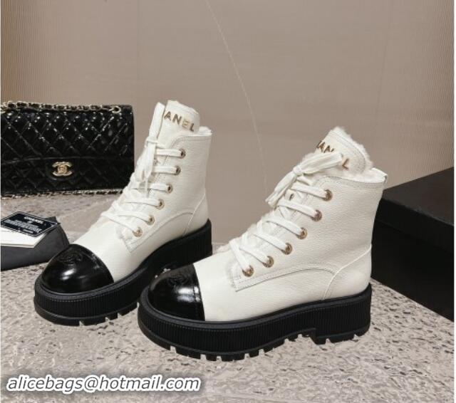 Popular Style Chanel Calfskin and Wool Lace-up Platform Ankle Boots 5cm White 015111