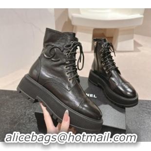 Best Product Chanel Shiny Calfskin Lace-up Platform Ankle Boots 5cm with Side CC Black 015112