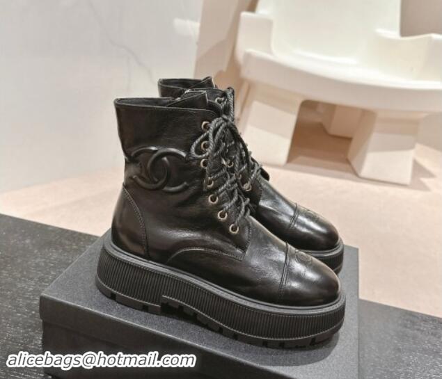 Best Product Chanel Shiny Calfskin Lace-up Platform Ankle Boots 5cm with Side CC Black 015112