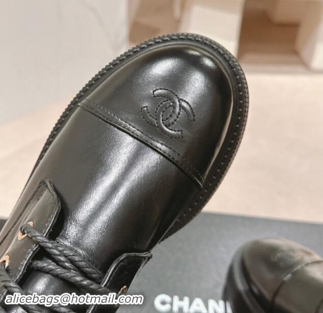 Best Product Chanel Shiny Calfskin Lace-up Platform Ankle Boots 5cm with Side CC Black 015112