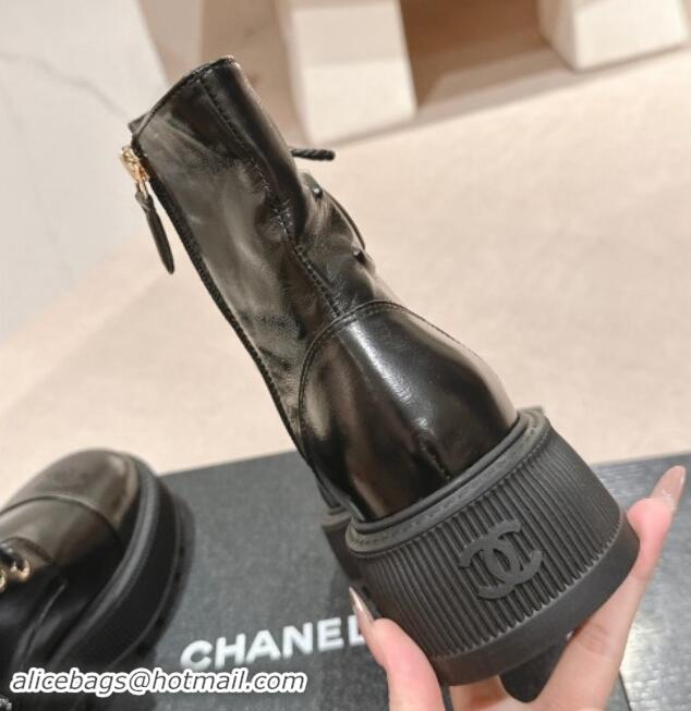 Best Product Chanel Shiny Calfskin Lace-up Platform Ankle Boots 5cm with Side CC Black 015112