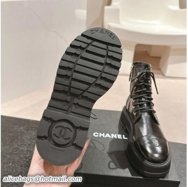 Best Product Chanel Shiny Calfskin Lace-up Platform Ankle Boots 5cm with Side CC Black 015112