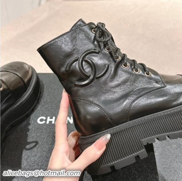 Best Product Chanel Shiny Calfskin Lace-up Platform Ankle Boots 5cm with Side CC Black 015112