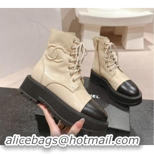 Pretty Style Chanel Shiny Calfskin Lace-up Platform Ankle Boots 5cm with Side CC Light Beige 015113