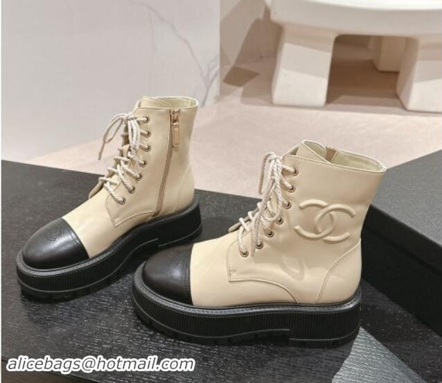 Pretty Style Chanel Shiny Calfskin Lace-up Platform Ankle Boots 5cm with Side CC Light Beige 015113