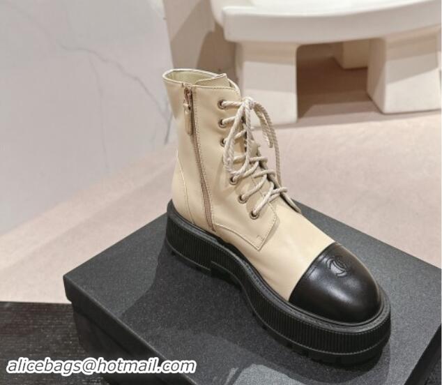 Pretty Style Chanel Shiny Calfskin Lace-up Platform Ankle Boots 5cm with Side CC Light Beige 015113