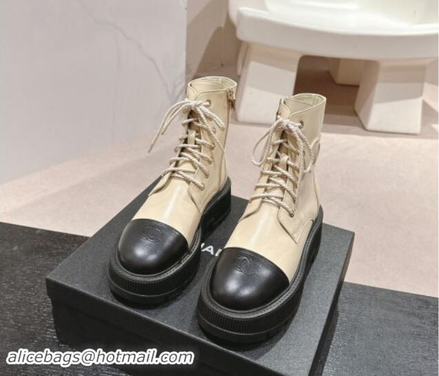 Pretty Style Chanel Shiny Calfskin Lace-up Platform Ankle Boots 5cm with Side CC Light Beige 015113