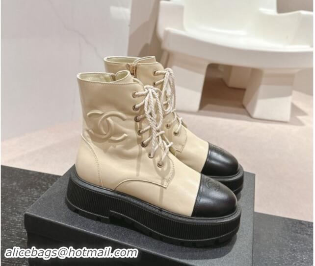 Pretty Style Chanel Shiny Calfskin Lace-up Platform Ankle Boots 5cm with Side CC Light Beige 015113