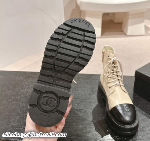 Pretty Style Chanel Shiny Calfskin Lace-up Platform Ankle Boots 5cm with Side CC Light Beige 015113