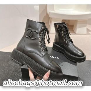 Top Grade Chanel Calfskin Leather Lace-up Platform Ankle Boots 5cm with Side CC Black 015114