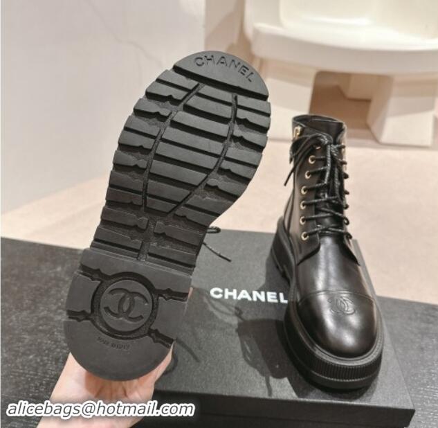 Top Grade Chanel Calfskin Leather Lace-up Platform Ankle Boots 5cm with Side CC Black 015114