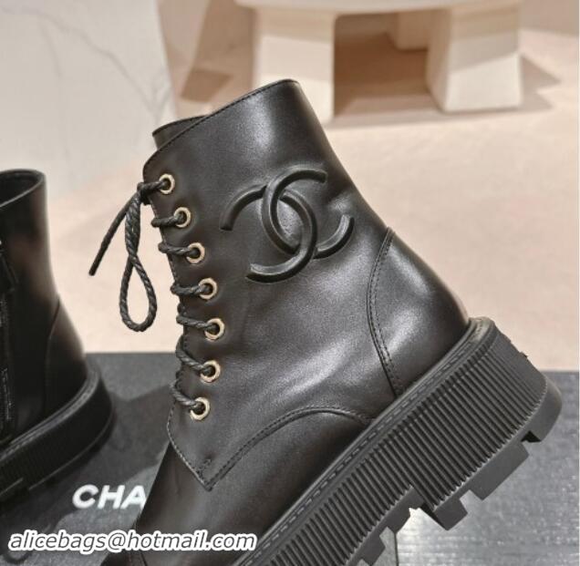 Top Grade Chanel Calfskin Leather Lace-up Platform Ankle Boots 5cm with Side CC Black 015114