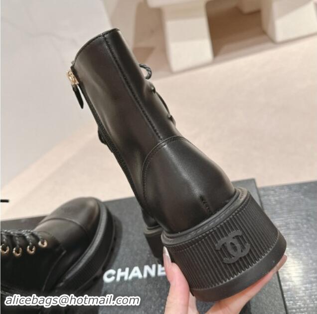 Top Grade Chanel Calfskin Leather Lace-up Platform Ankle Boots 5cm with Side CC Black 015114