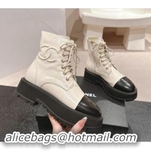 Luxurious Chanel Shiny Calfskin Lace-up Platform Ankle Boots 5cm with Side CC White 015115