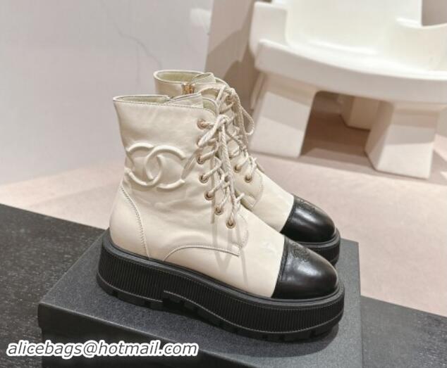 Luxurious Chanel Shiny Calfskin Lace-up Platform Ankle Boots 5cm with Side CC White 015115