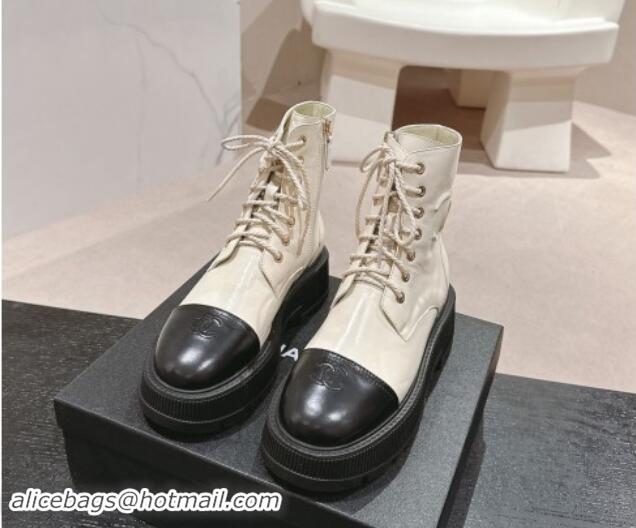 Luxurious Chanel Shiny Calfskin Lace-up Platform Ankle Boots 5cm with Side CC White 015115