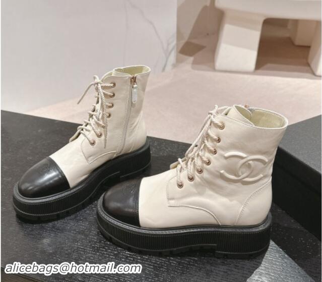 Luxurious Chanel Shiny Calfskin Lace-up Platform Ankle Boots 5cm with Side CC White 015115