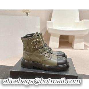 Top Design Chanel Quilted Calfskin Lace-up Ankle Boots with Chain CC Green 1015116