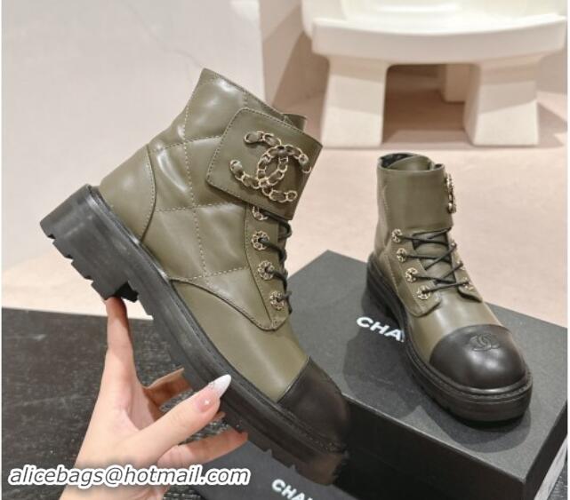 Top Design Chanel Quilted Calfskin Lace-up Ankle Boots with Chain CC Green 1015116