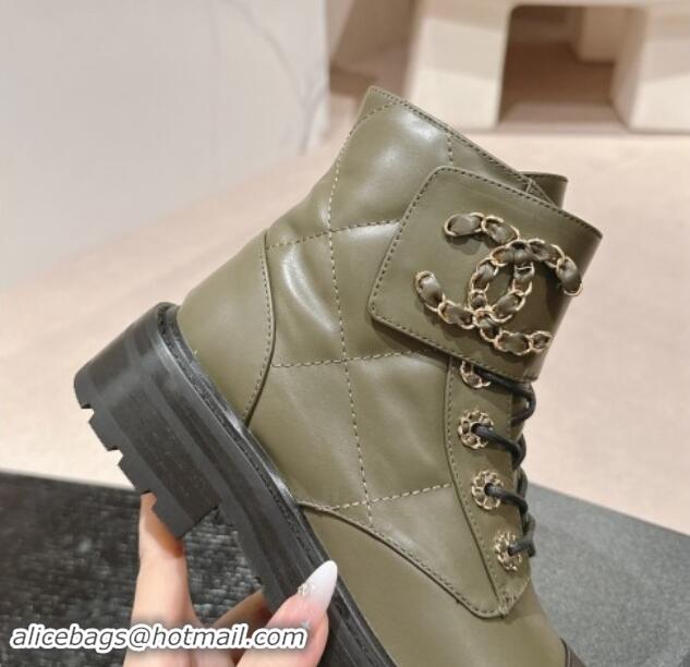 Top Design Chanel Quilted Calfskin Lace-up Ankle Boots with Chain CC Green 1015116