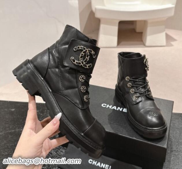 Most Popular Chanel Quilted Calfskin Lace-up Ankle Boots with Chain CC Black 1015117