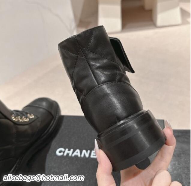 Most Popular Chanel Quilted Calfskin Lace-up Ankle Boots with Chain CC Black 1015117