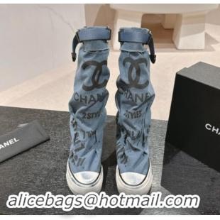 Feminine Chanel Denim Sneaker High Boots with Buckle Light Blue 1015119