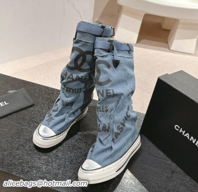 Feminine Chanel Denim Sneaker High Boots with Buckle Light Blue 1015119