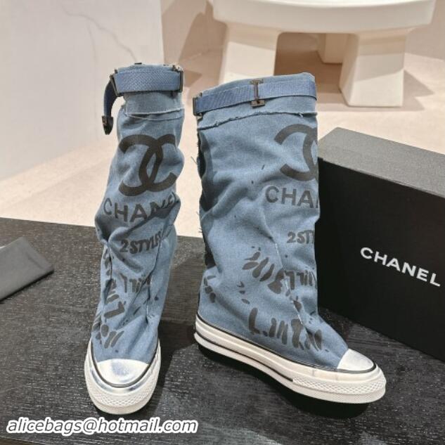 Feminine Chanel Denim Sneaker High Boots with Buckle Light Blue 1015119