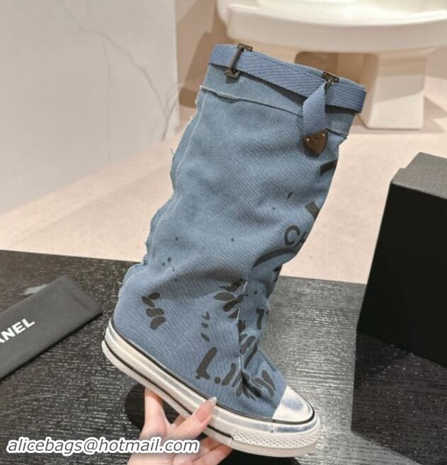 Feminine Chanel Denim Sneaker High Boots with Buckle Light Blue 1015119