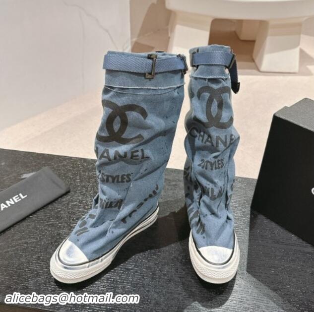 Feminine Chanel Denim Sneaker High Boots with Buckle Light Blue 1015119