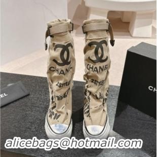 Good Product Chanel Denim Sneaker High Boots with Buckle Beige 015120