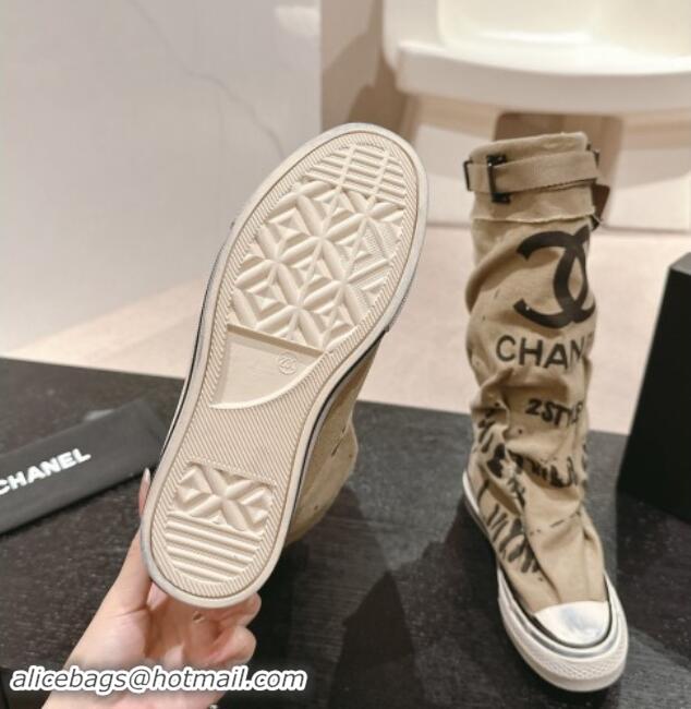 Good Product Chanel Denim Sneaker High Boots with Buckle Beige 015120